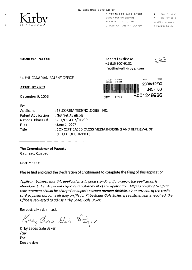 Canadian Patent Document 2653932. Correspondence 20071209. Image 1 of 2