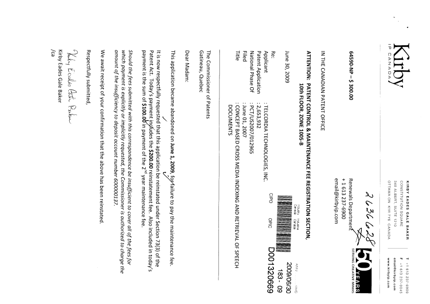 Document de brevet canadien 2653932. Taxes 20090630. Image 1 de 1