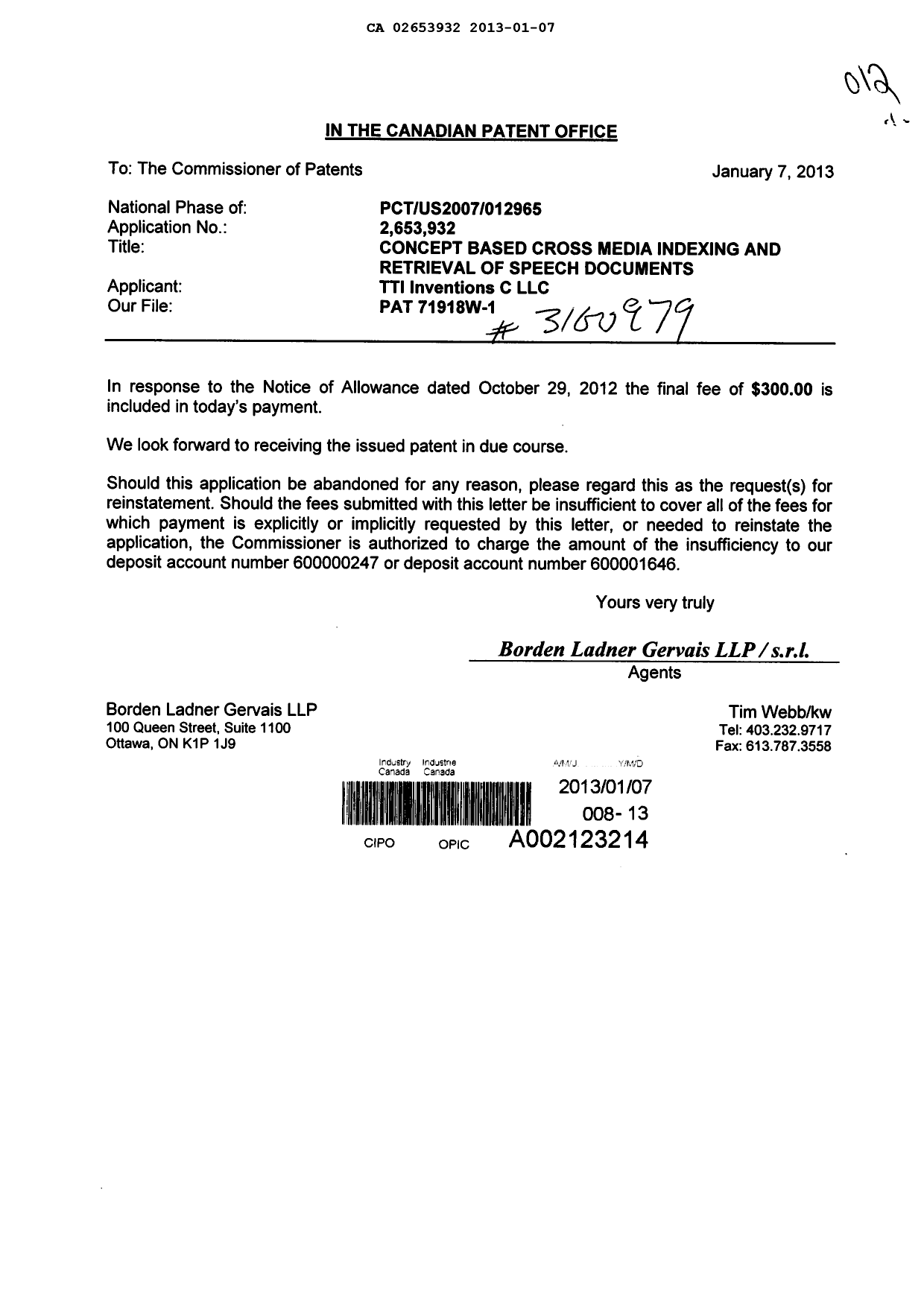 Canadian Patent Document 2653932. Correspondence 20121207. Image 1 of 1