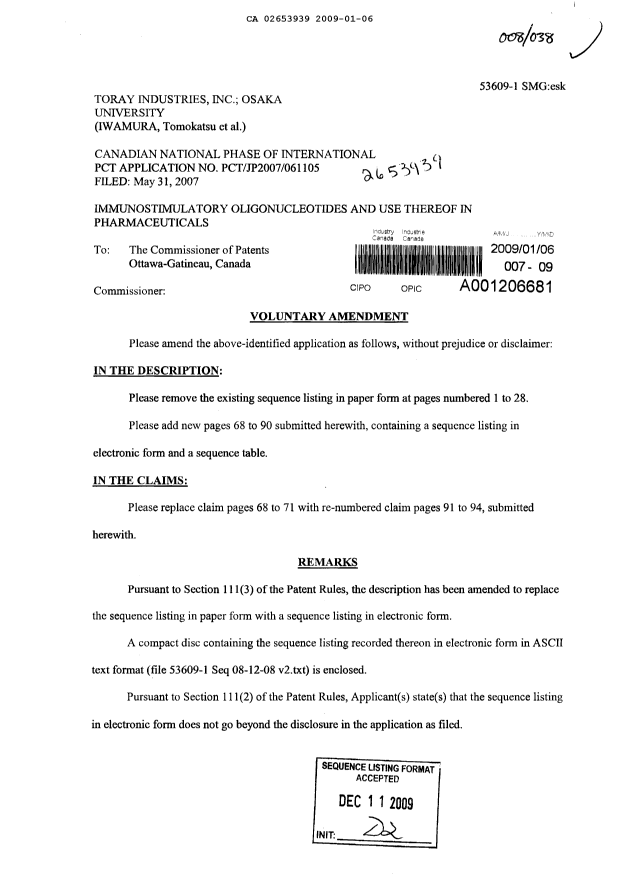 Document de brevet canadien 2653939. Poursuite-Amendment 20090106. Image 1 de 29