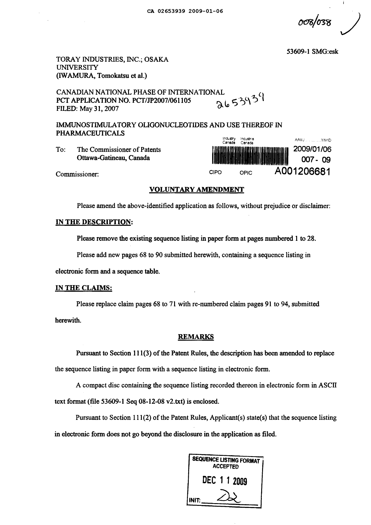 Canadian Patent Document 2653939. Prosecution-Amendment 20090106. Image 1 of 29