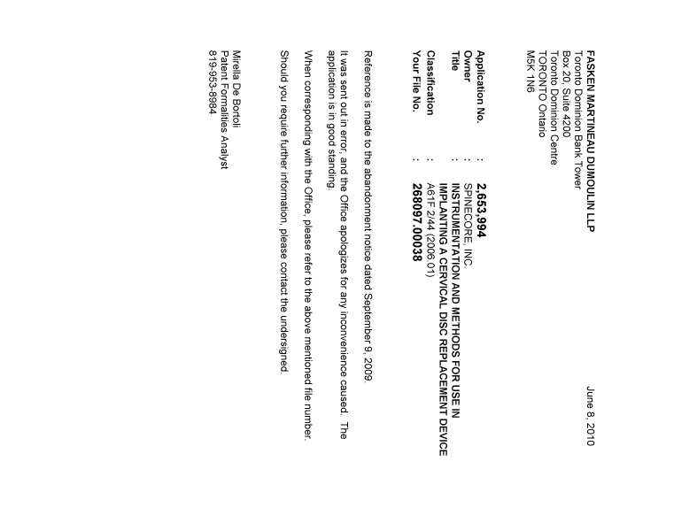 Canadian Patent Document 2653994. Correspondence 20100608. Image 1 of 1