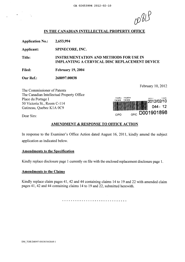 Canadian Patent Document 2653994. Prosecution-Amendment 20120210. Image 1 of 8
