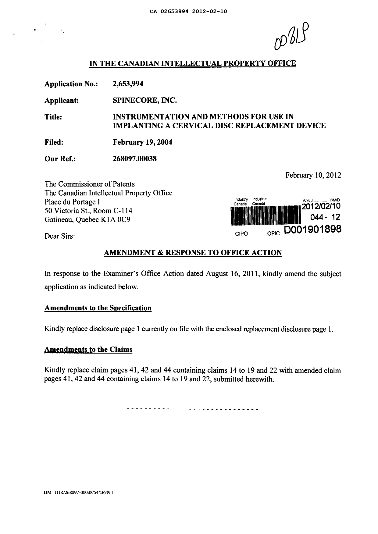 Canadian Patent Document 2653994. Prosecution-Amendment 20120210. Image 1 of 8
