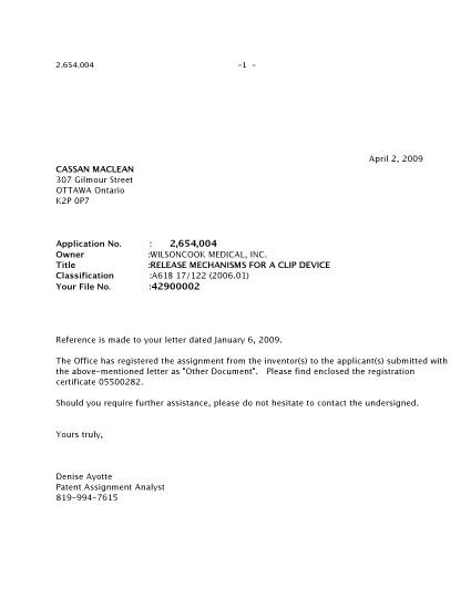 Canadian Patent Document 2654004. Correspondence 20081202. Image 1 of 1