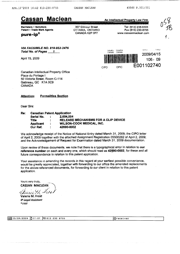 Canadian Patent Document 2654004. Correspondence 20081215. Image 1 of 1