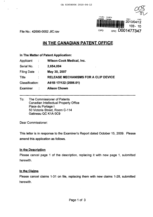 Canadian Patent Document 2654004. Prosecution-Amendment 20091212. Image 1 of 9