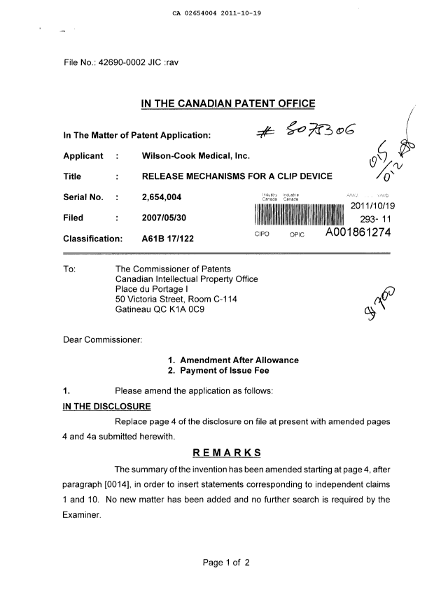 Canadian Patent Document 2654004. Prosecution-Amendment 20101219. Image 1 of 4