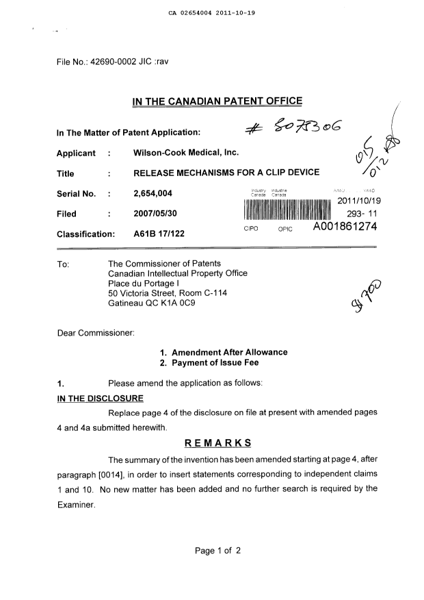 Canadian Patent Document 2654004. Correspondence 20101219. Image 1 of 2