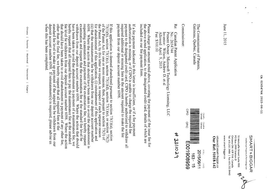 Document de brevet canadien 2654744. Taxe finale 20150611. Image 1 de 2