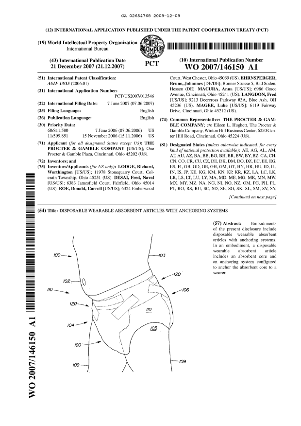 Canadian Patent Document 2654768. Abstract 20081208. Image 1 of 2