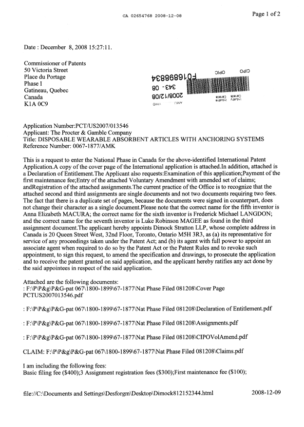 Document de brevet canadien 2654768. Cession 20081208. Image 1 de 25