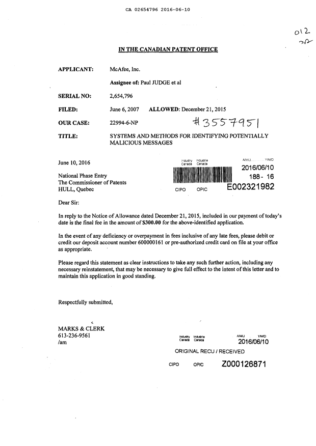 Document de brevet canadien 2654796. Taxe finale 20160610. Image 1 de 1