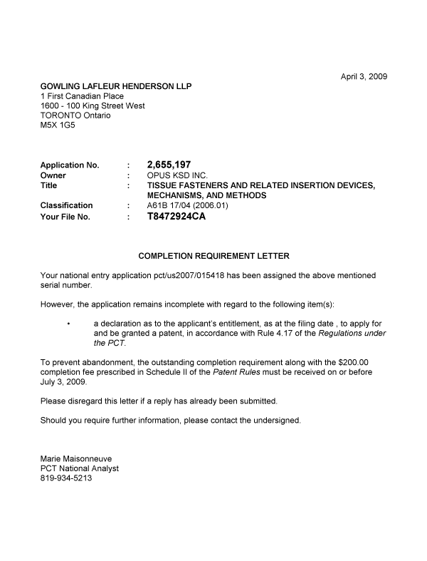 Canadian Patent Document 2655197. Correspondence 20081203. Image 1 of 1