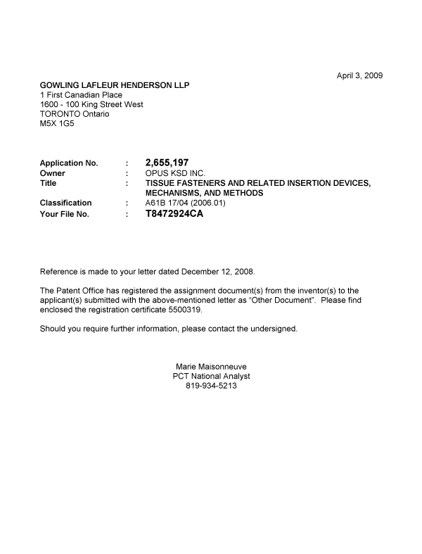 Document de brevet canadien 2655197. Correspondance 20090403. Image 1 de 1