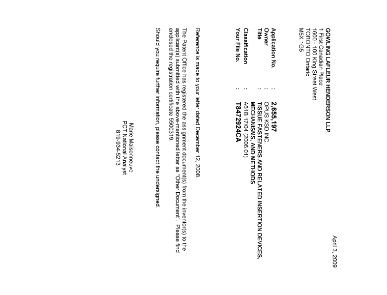 Document de brevet canadien 2655197. Correspondance 20090403. Image 1 de 1