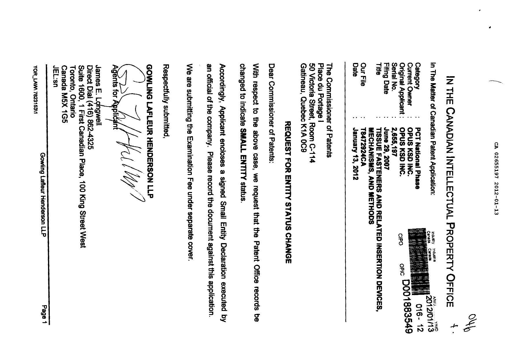Canadian Patent Document 2655197. Correspondence 20111213. Image 1 of 2
