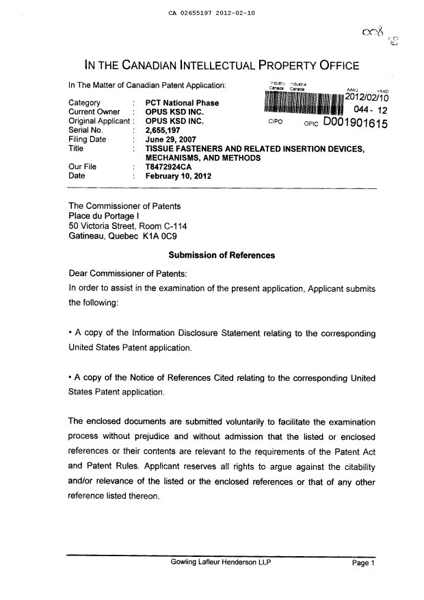 Canadian Patent Document 2655197. Prosecution-Amendment 20120210. Image 1 of 2