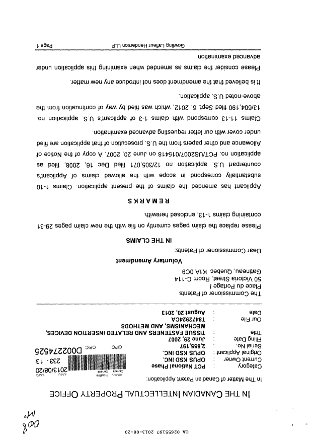 Canadian Patent Document 2655197. Prosecution-Amendment 20121220. Image 1 of 5