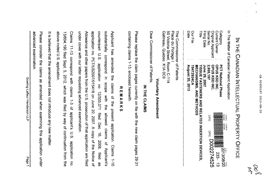 Document de brevet canadien 2655197. Poursuite-Amendment 20121220. Image 1 de 5