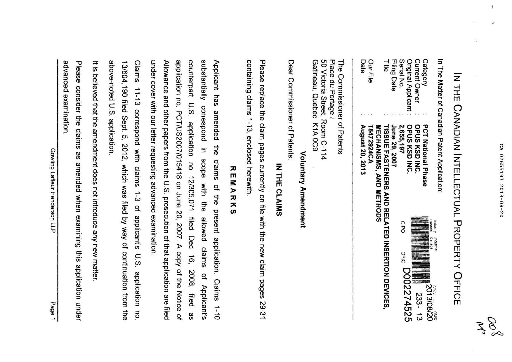 Canadian Patent Document 2655197. Prosecution-Amendment 20121220. Image 1 of 5