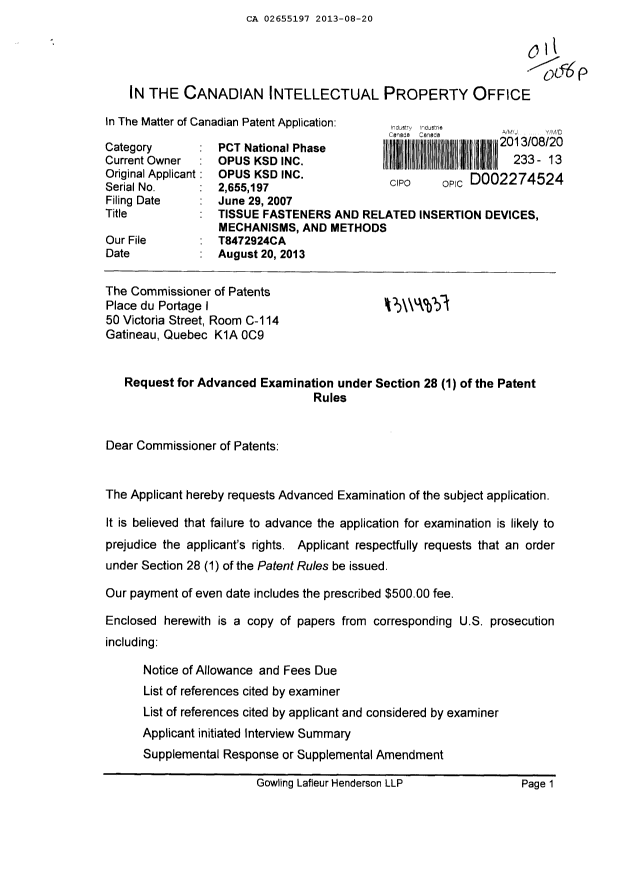 Canadian Patent Document 2655197. Prosecution-Amendment 20130820. Image 1 of 2