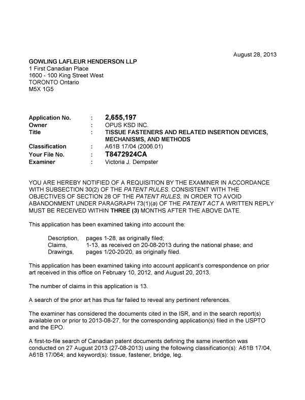 Canadian Patent Document 2655197. Prosecution-Amendment 20130828. Image 1 of 3