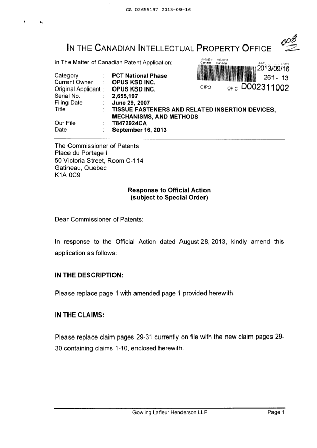 Canadian Patent Document 2655197. Prosecution-Amendment 20130916. Image 1 of 5