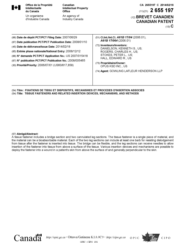 Canadian Patent Document 2655197. Cover Page 20140122. Image 1 of 1