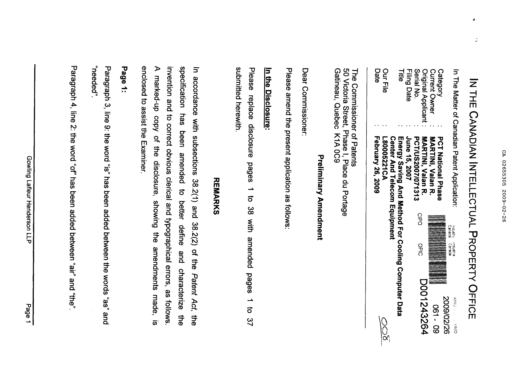 Canadian Patent Document 2655305. Prosecution-Amendment 20081226. Image 1 of 84