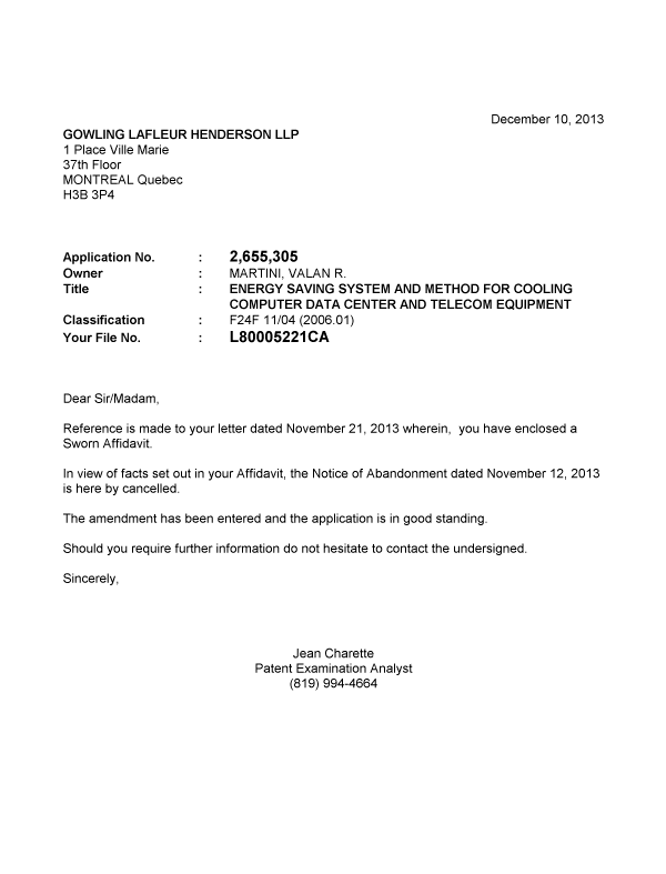 Document de brevet canadien 2655305. Correspondance 20121210. Image 1 de 1