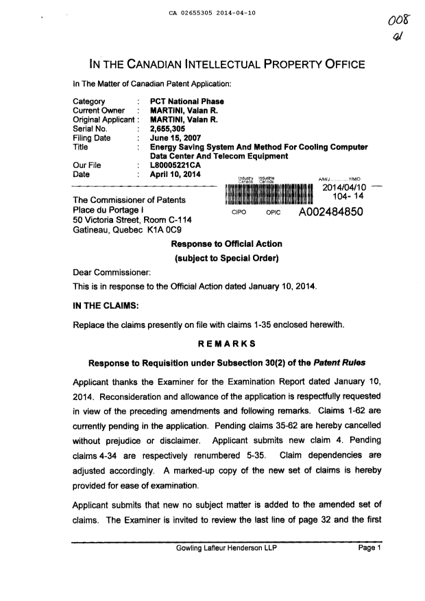 Document de brevet canadien 2655305. Poursuite-Amendment 20131210. Image 1 de 20