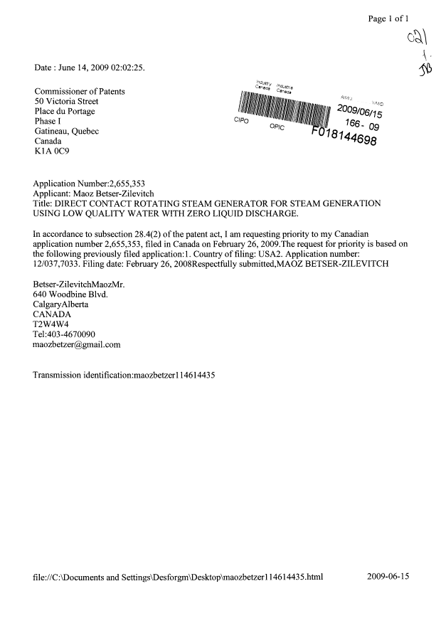 Canadian Patent Document 2655353. Correspondence 20090615. Image 1 of 1