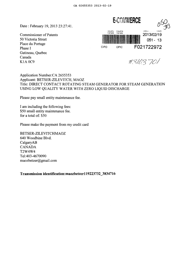 Document de brevet canadien 2655353. Taxes 20130219. Image 1 de 1