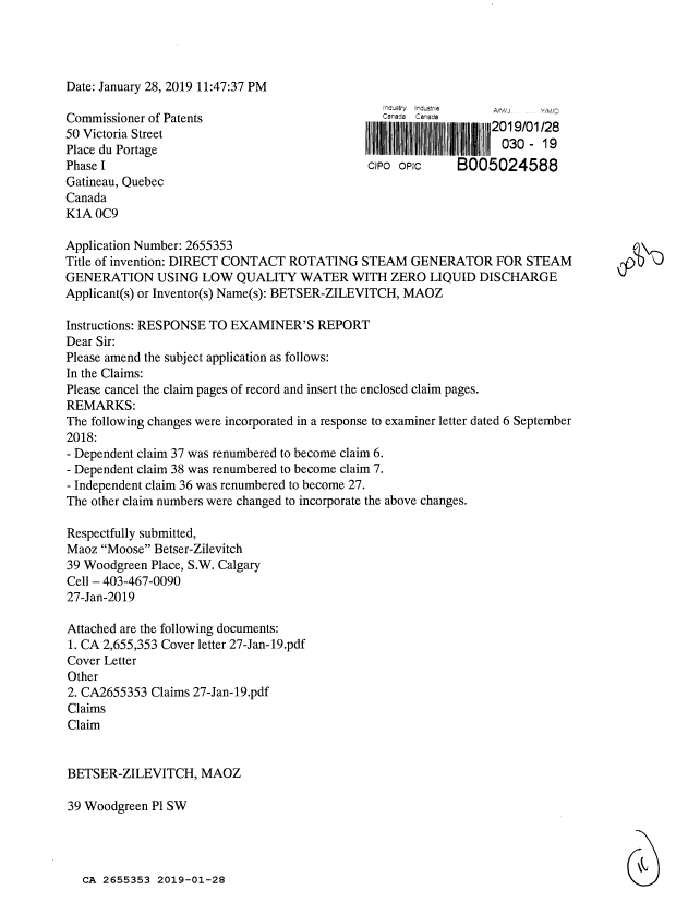 Canadian Patent Document 2655353. Amendment 20190128. Image 1 of 11