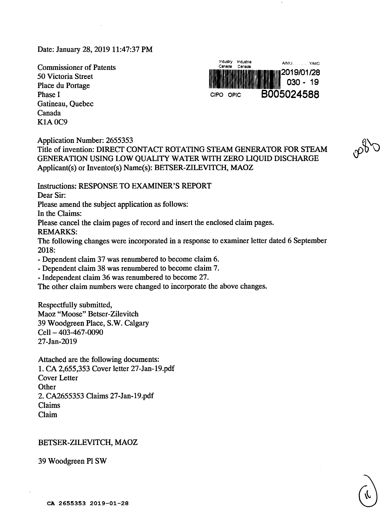 Canadian Patent Document 2655353. Amendment 20190128. Image 1 of 11