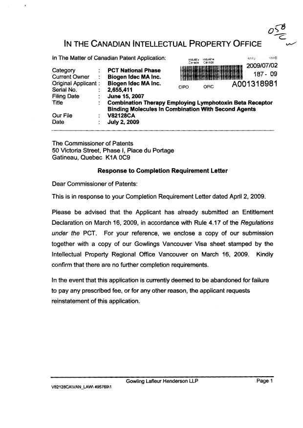 Canadian Patent Document 2655411. Correspondence 20090702. Image 1 of 20