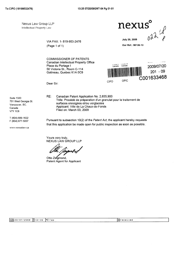 Document de brevet canadien 2655900. Correspondance 20081220. Image 1 de 1