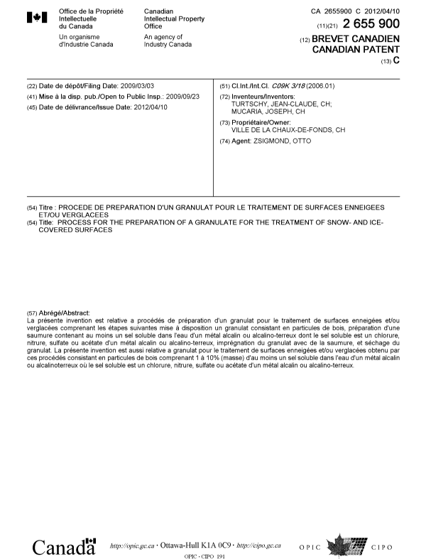Document de brevet canadien 2655900. Page couverture 20111216. Image 1 de 1
