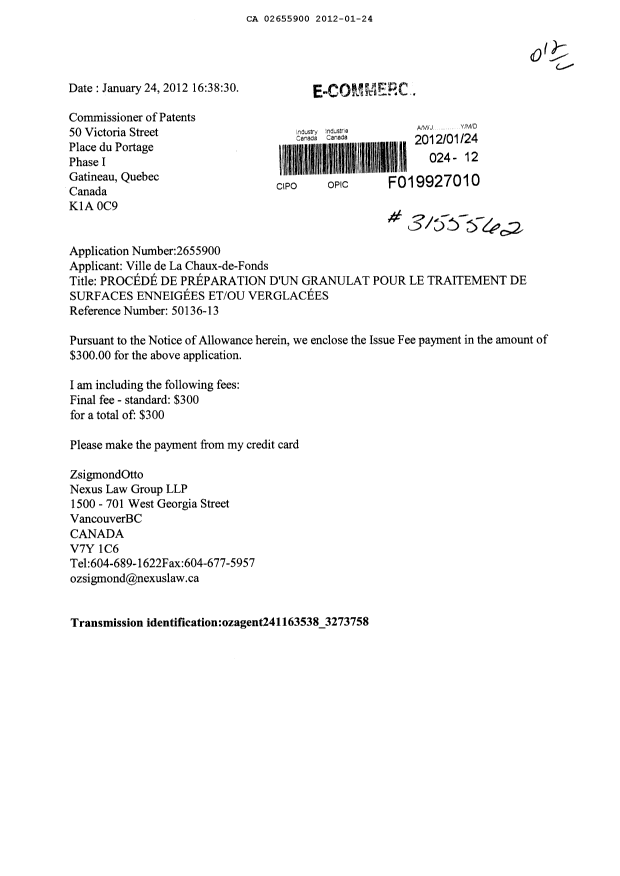 Document de brevet canadien 2655900. Correspondance 20111224. Image 1 de 1