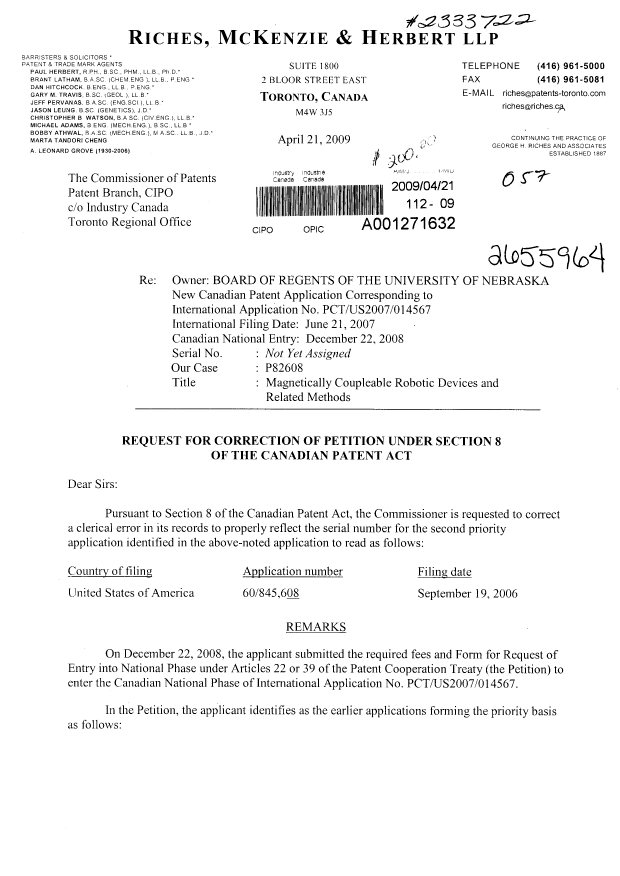 Document de brevet canadien 2655964. Correspondance 20090421. Image 1 de 66
