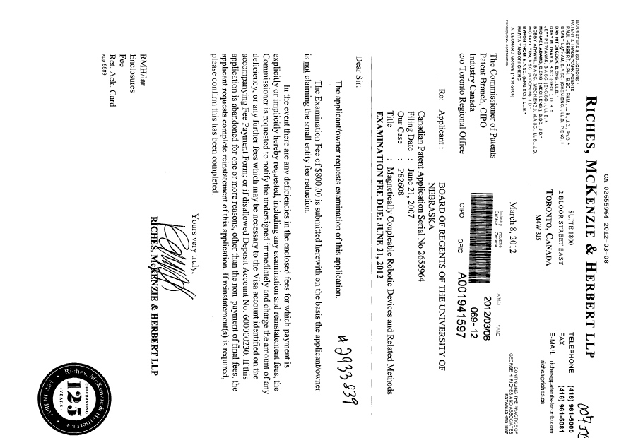 Canadian Patent Document 2655964. Prosecution-Amendment 20120308. Image 1 of 1