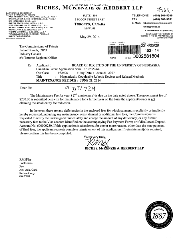 Document de brevet canadien 2655964. Taxes 20140529. Image 1 de 1