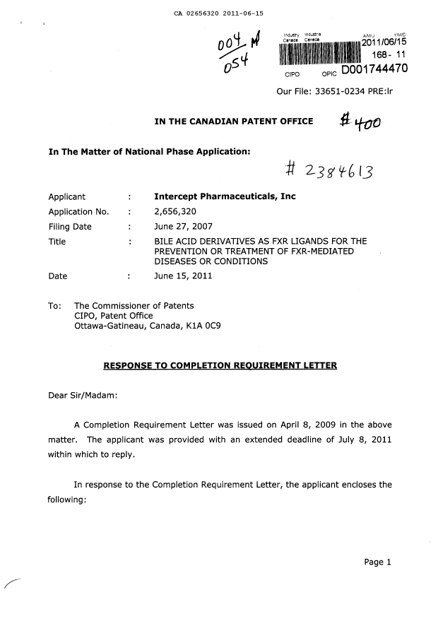 Canadian Patent Document 2656320. Correspondence 20110615. Image 1 of 3