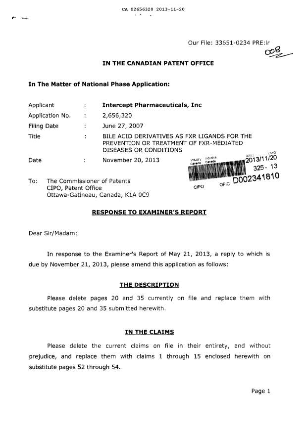 Canadian Patent Document 2656320. Prosecution-Amendment 20131120. Image 1 of 12