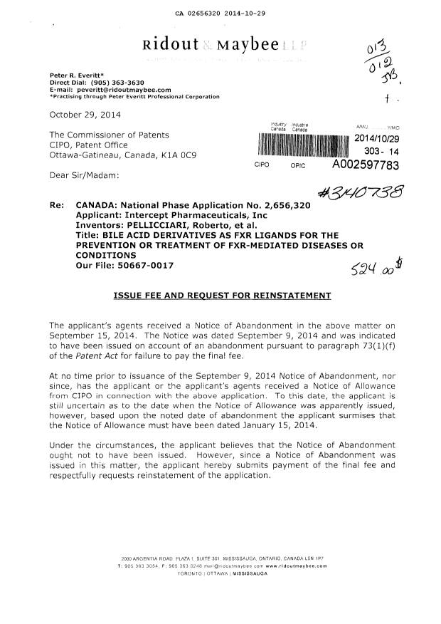 Canadian Patent Document 2656320. Prosecution-Amendment 20141029. Image 1 of 3