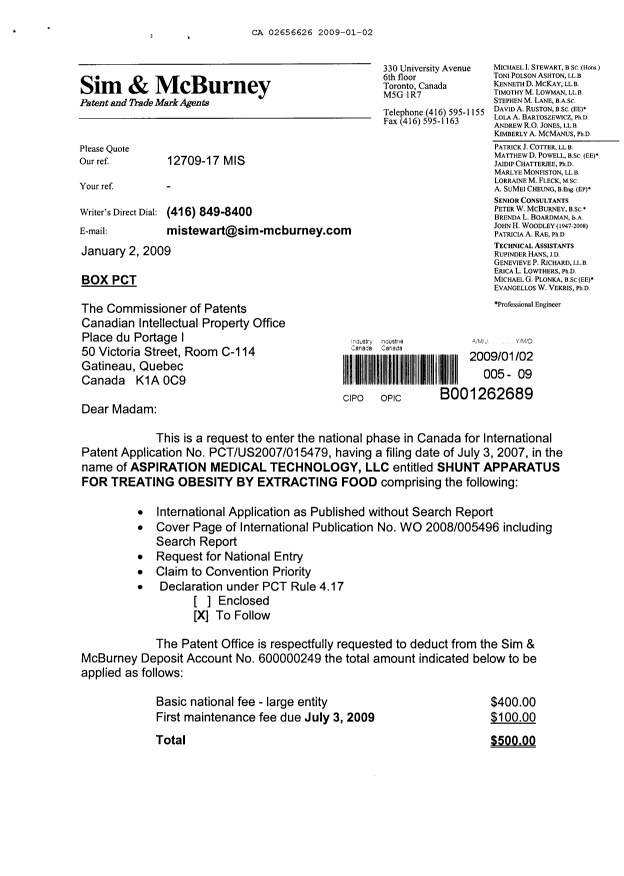 Document de brevet canadien 2656626. Cession 20090102. Image 1 de 4