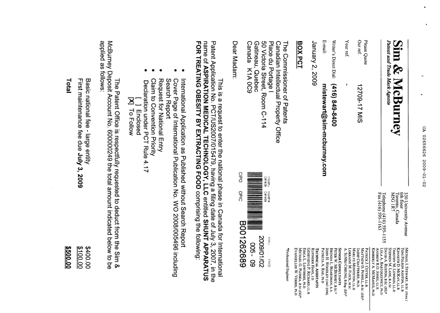 Canadian Patent Document 2656626. Assignment 20090102. Image 1 of 4