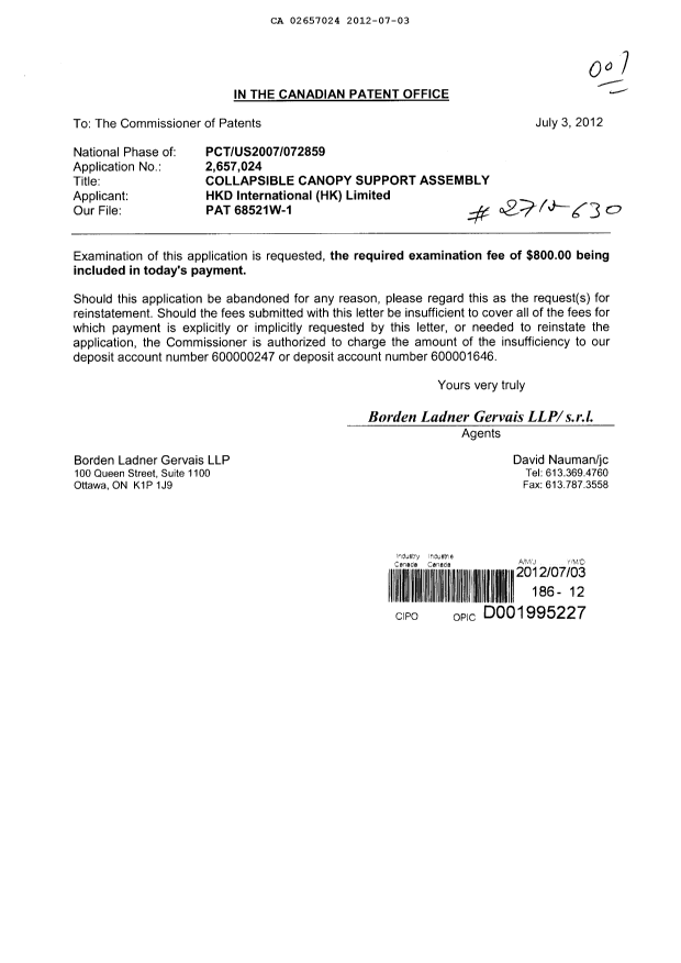 Document de brevet canadien 2657024. Poursuite-Amendment 20120703. Image 1 de 1
