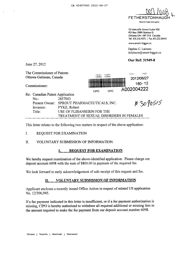 Canadian Patent Document 2657043. Prosecution-Amendment 20120627. Image 1 of 2